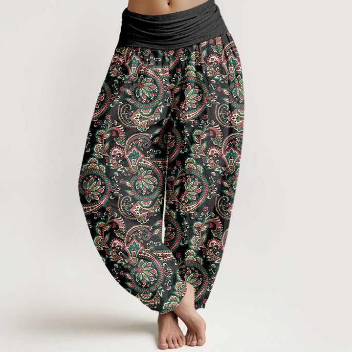 Pantaloni harem da donna con elastico in vita, in cotone, con motivo a fiori, foglie e viticci, stile retrò, motivo Buddha Stones - Nero - US16, UK/AU20, EU48 (3XL) - image 0