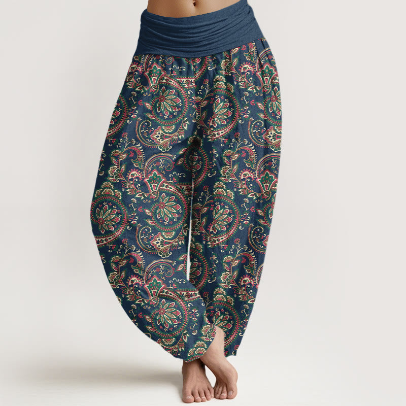 Pantaloni harem da donna con elastico in vita, in cotone, con motivo a fiori, foglie e viticci, stile retrò, motivo Buddha Stones - Marina - US16, UK/AU20, EU48 (3XL) - image 8