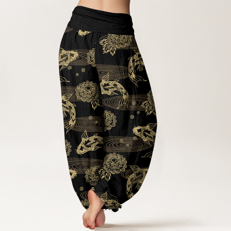 Pantaloni harem da donna con elastico in vita, motivo curvo, in cotone con Buddha Stones , squisiti fiori e foglie di pesce koi - image 1