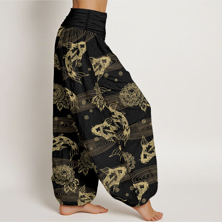 Pantaloni harem da donna con elastico in vita, motivo curvo, in cotone con Buddha Stones , squisiti fiori e foglie di pesce koi - image 2