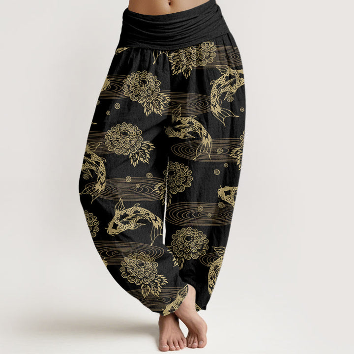Pantaloni harem da donna con elastico in vita, motivo curvo, in cotone con Buddha Stones , squisiti fiori e foglie di pesce koi - Nero - US16, UK/AU20, EU48 (3XL) - image 0