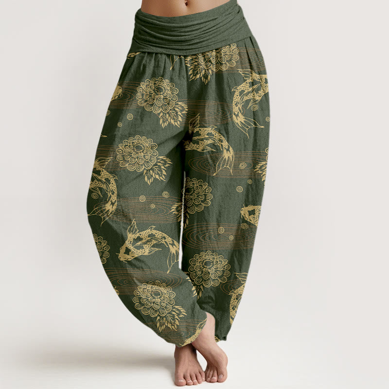 Pantaloni harem da donna con elastico in vita, motivo curvo, in cotone con Buddha Stones , squisiti fiori e foglie di pesce koi - Verde oliva - US16, UK/AU20, EU48 (3XL) - image 5