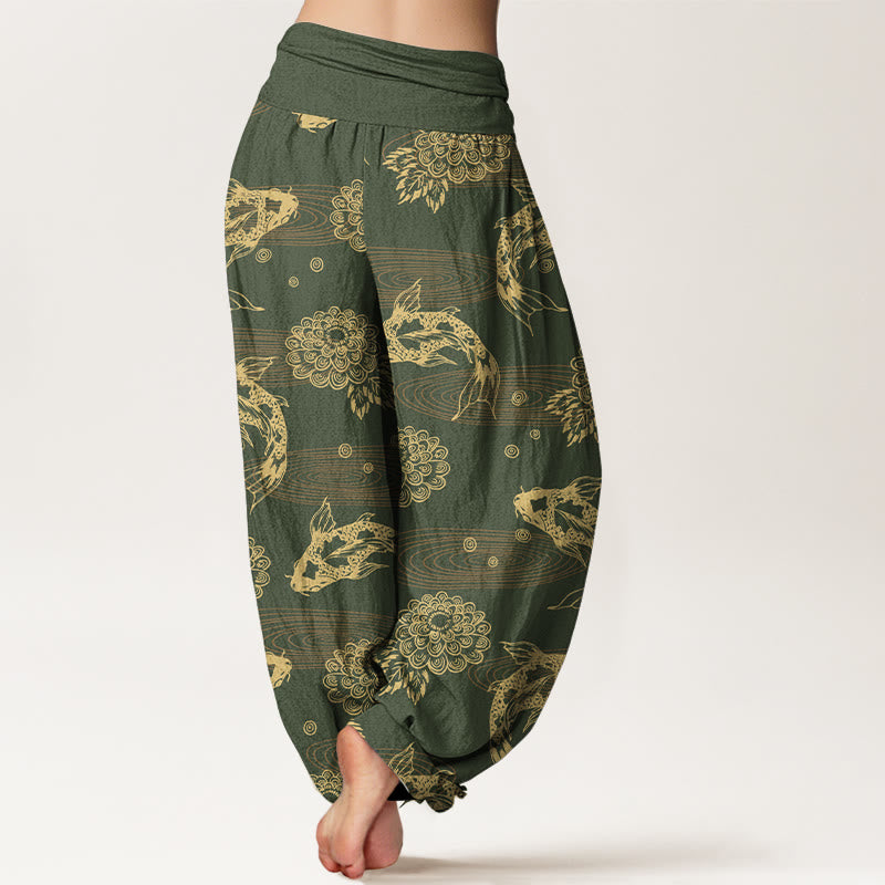 Pantaloni harem da donna con elastico in vita, motivo curvo, in cotone con Buddha Stones , squisiti fiori e foglie di pesce koi - image 6