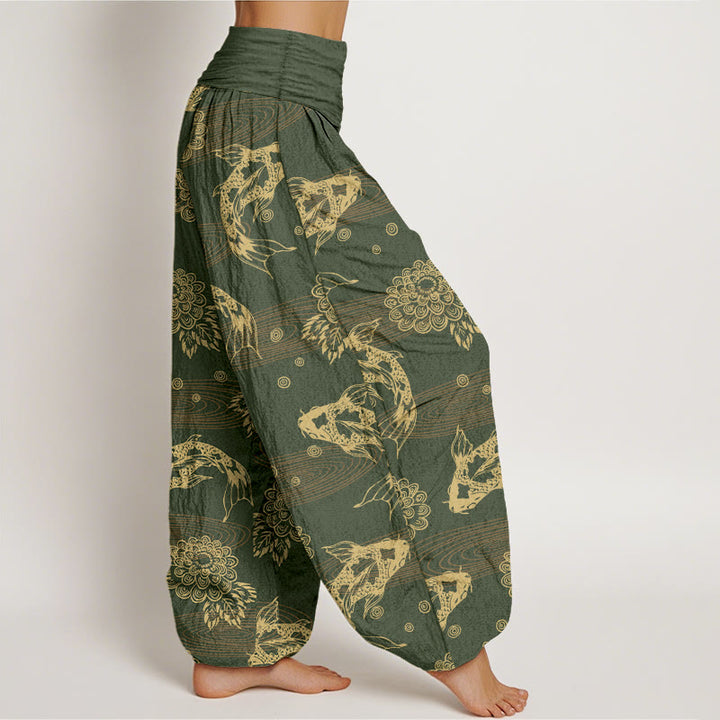 Pantaloni harem da donna con elastico in vita, motivo curvo, in cotone con Buddha Stones , squisiti fiori e foglie di pesce koi - image 7