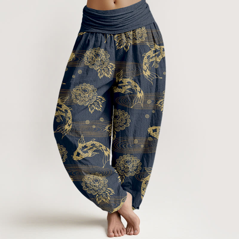 Pantaloni harem da donna con elastico in vita, motivo curvo, in cotone con Buddha Stones , squisiti fiori e foglie di pesce koi - DarkSlateBlue - US16, UK/AU20, EU48 (3XL) - image 8