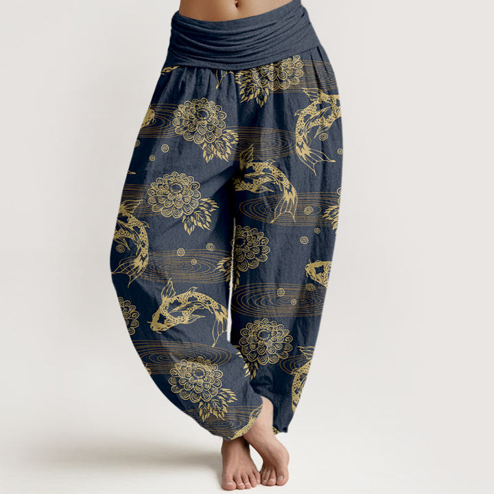 Pantaloni harem da donna con elastico in vita, motivo curvo, in cotone con Buddha Stones , squisiti fiori e foglie di pesce koi - DarkSlateBlue - US16, UK/AU20, EU48 (3XL) - image 8