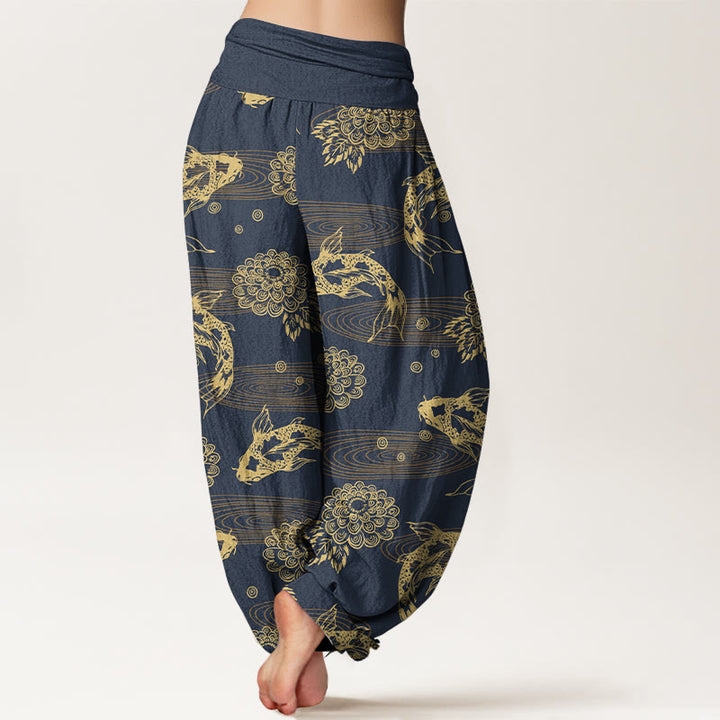 Pantaloni harem da donna con elastico in vita, motivo curvo, in cotone con Buddha Stones , squisiti fiori e foglie di pesce koi - image 9