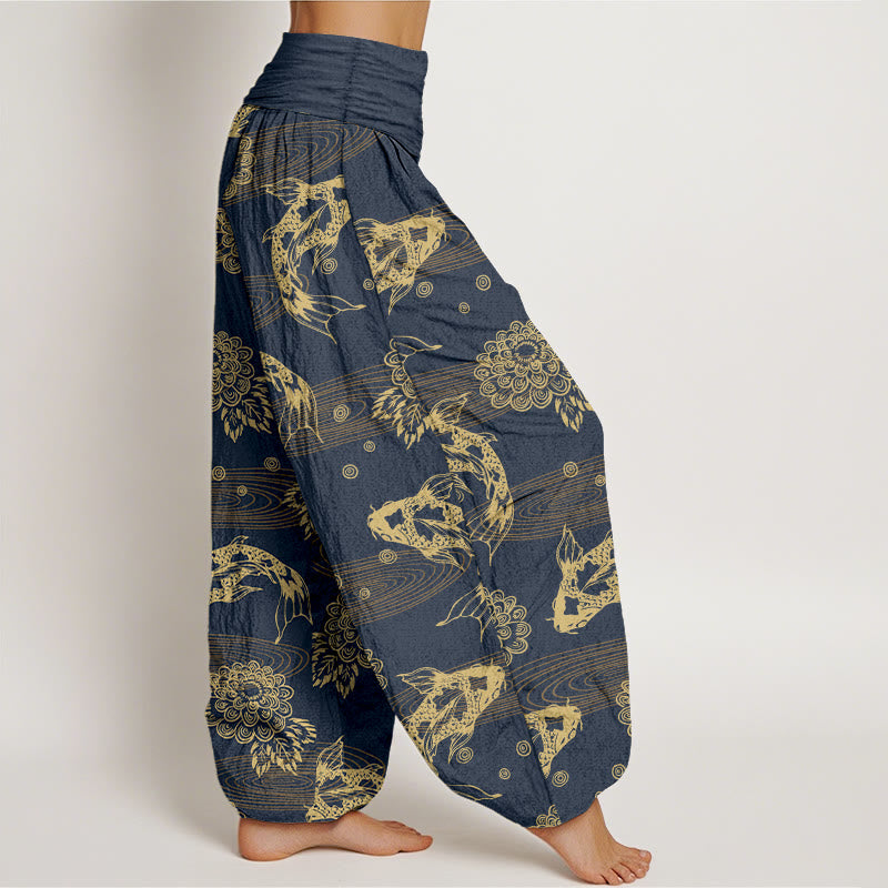 Pantaloni harem da donna con elastico in vita, motivo curvo, in cotone con Buddha Stones , squisiti fiori e foglie di pesce koi - image 10