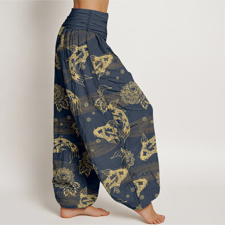 Pantaloni harem da donna con elastico in vita, motivo curvo, in cotone con Buddha Stones , squisiti fiori e foglie di pesce koi - image 10