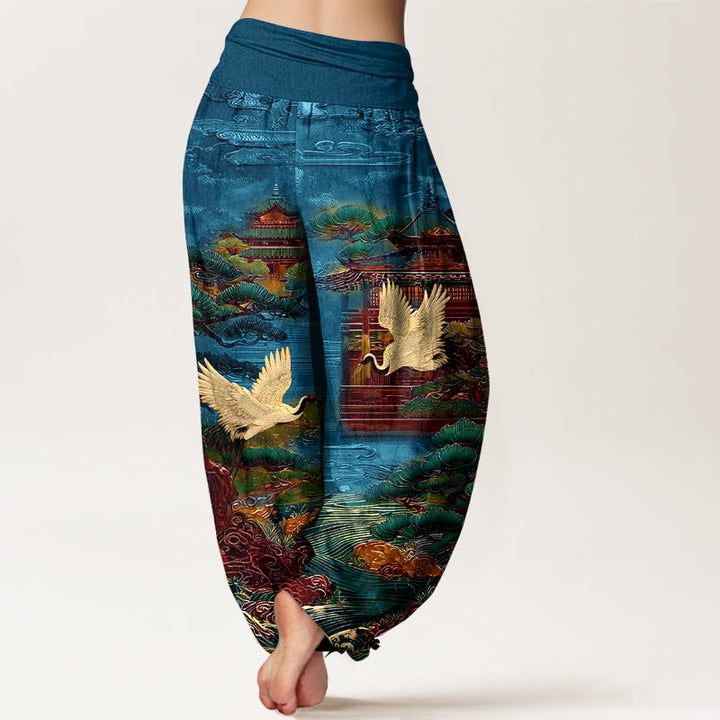 Pantaloni harem da donna con elastico in vita, motivo a gru, architettura di pino e nuvole, in cotone Buddha Stones - image 1
