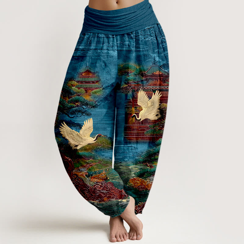 Pantaloni harem da donna con elastico in vita, motivo a gru, architettura di pino e nuvole, in cotone Buddha Stones - Blu - US16, UK/AU20, EU48 (3XL) - image 0