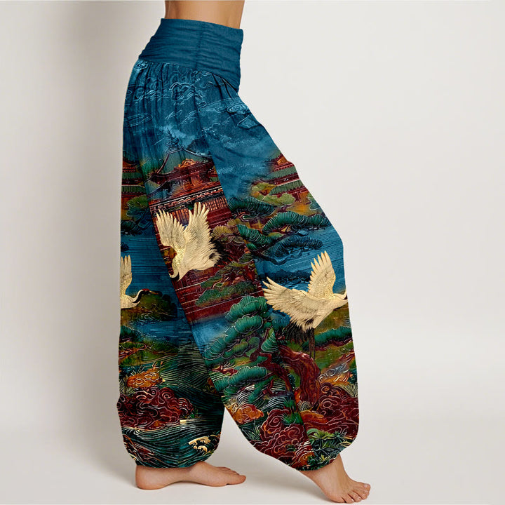 Pantaloni harem da donna con elastico in vita, motivo a gru, architettura di pino e nuvole, in cotone Buddha Stones - image 2