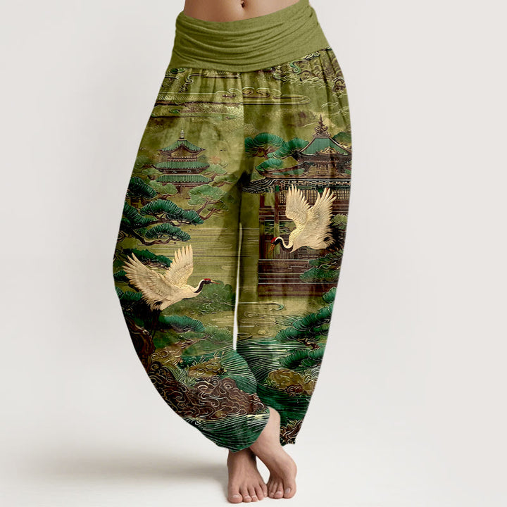 Pantaloni harem da donna con elastico in vita, motivo a gru, architettura di pino e nuvole, in cotone Buddha Stones - Verde oliva - US16, UK/AU20, EU48 (3XL) - image 5