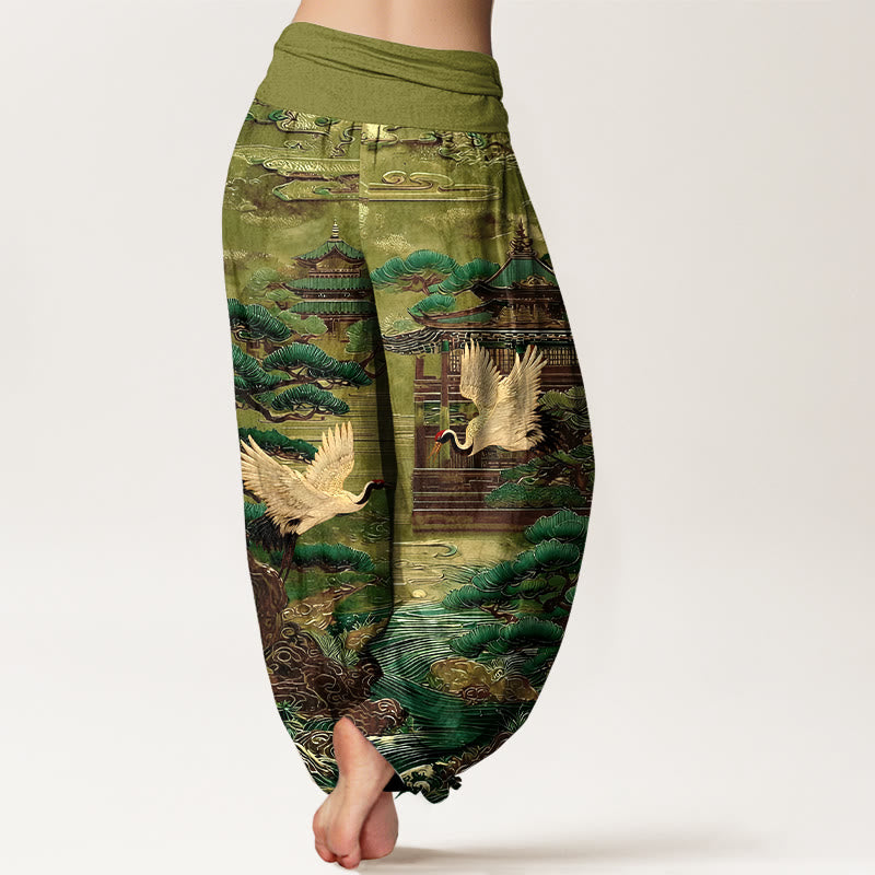 Pantaloni harem da donna con elastico in vita, motivo a gru, architettura di pino e nuvole, in cotone Buddha Stones - image 6