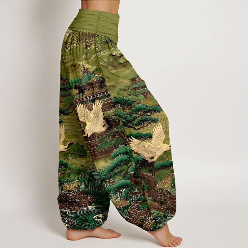 Pantaloni harem da donna con elastico in vita, motivo a gru, architettura di pino e nuvole, in cotone Buddha Stones - image 7