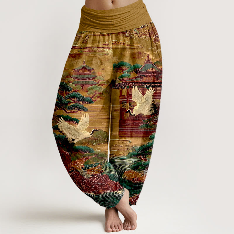 Pantaloni harem da donna con elastico in vita, motivo a gru, architettura di pino e nuvole, in cotone Buddha Stones - DarkGoldenrod - US16, UK/AU20, EU48 (3XL) - image 8