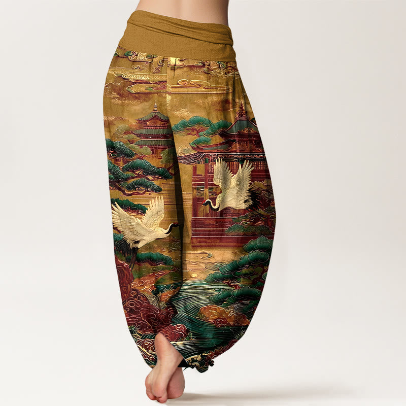 Pantaloni harem da donna con elastico in vita, motivo a gru, architettura di pino e nuvole, in cotone Buddha Stones - image 9