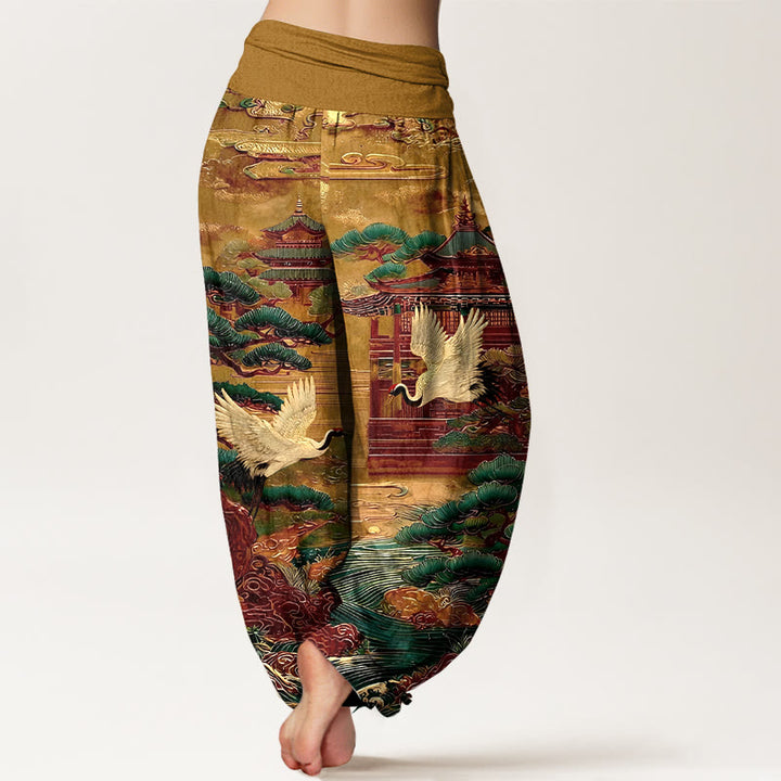 Pantaloni harem da donna con elastico in vita, motivo a gru, architettura di pino e nuvole, in cotone Buddha Stones - image 9