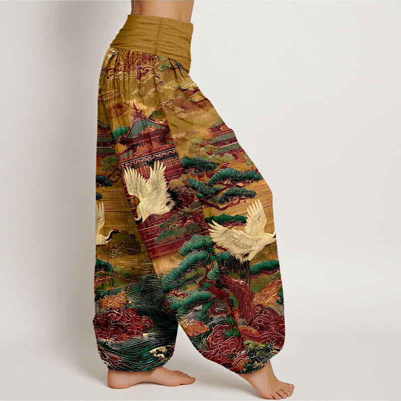 Pantaloni harem da donna con elastico in vita, motivo a gru, architettura di pino e nuvole, in cotone Buddha Stones - image 10