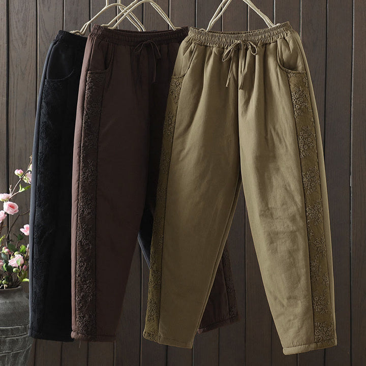 Pantaloni da donna spessi in cotone e poliestere con ricamo, motivo floreale con Buddha Stones tasche - image 0