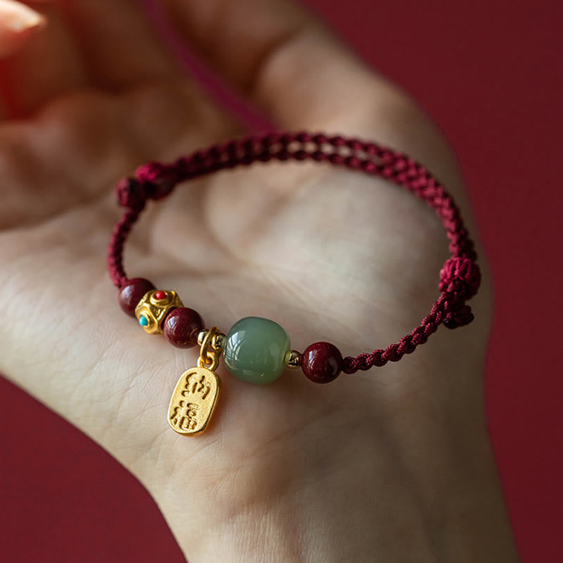 Braccialetto della prosperità con corda intrecciata multicolore in giada bianca e giada ciano di Hetian, ciondolo portafortuna Buddha Stones - image 1