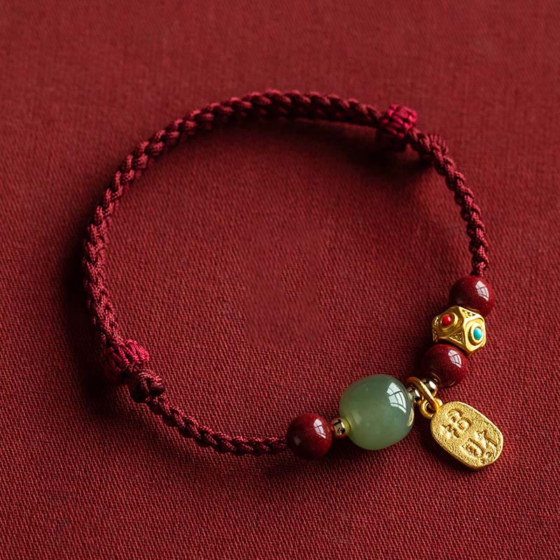 Braccialetto della prosperità con corda intrecciata multicolore in giada bianca e giada ciano di Hetian, ciondolo portafortuna Buddha Stones - Filo rosso e giada ciano Hetian - 17-18 cm - image 0