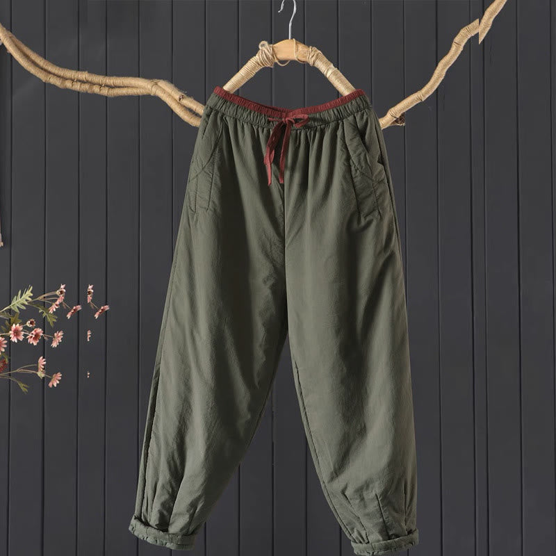 Pantaloni da donna spessi in cotone e poliestere con tasche, tinta unita, motivo Buddha Stones - Verde oliva scuro - US12, UK/AU16, EU44 (3XL) - image 0