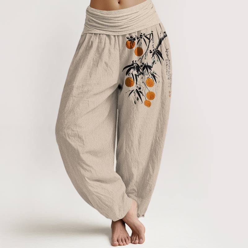 Pantaloni harem da donna con elastico in vita, in puro cotone, con motivo a rami di frutta dai colori vivaci, motivo Buddha Stones - Abbronzatura - US16, UK/AU20, EU48 (3XL) - image 0