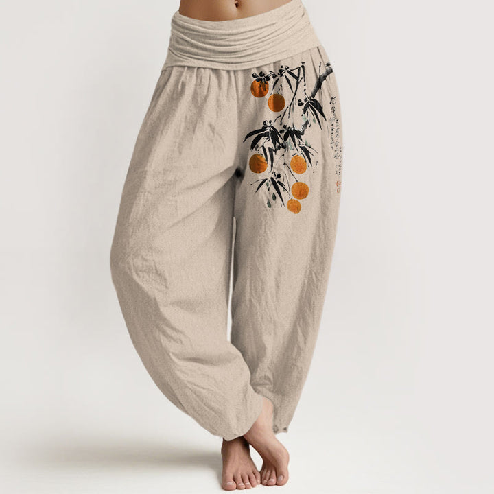 Pantaloni harem da donna con elastico in vita, in puro cotone, con motivo a rami di frutta dai colori vivaci, motivo Buddha Stones - Abbronzatura - US16, UK/AU20, EU48 (3XL) - image 0
