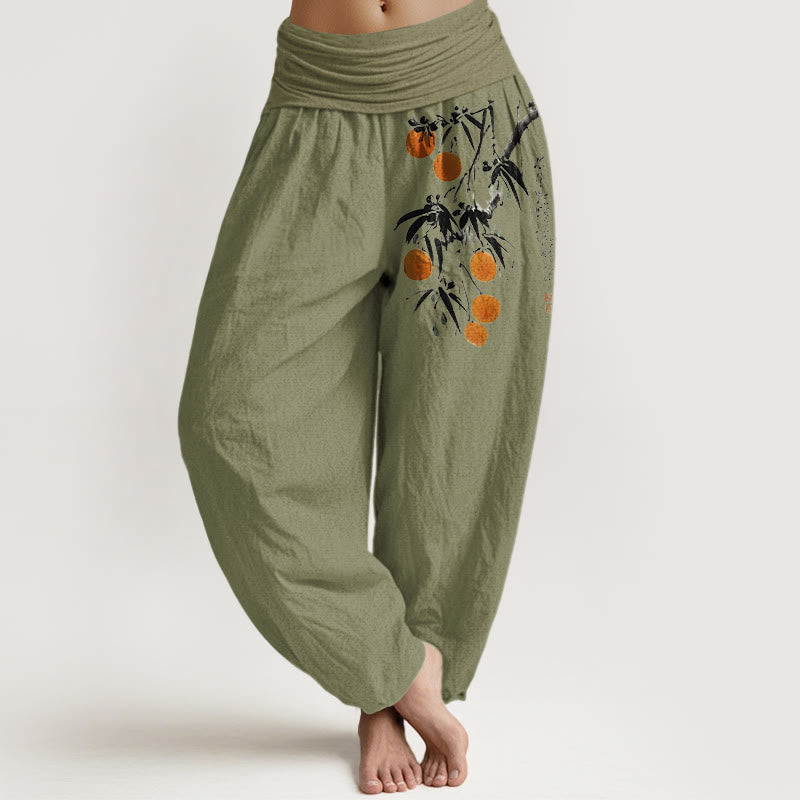 Pantaloni harem da donna con elastico in vita, in puro cotone, con motivo a rami di frutta dai colori vivaci, motivo Buddha Stones - Verde oliva - US16, UK/AU20, EU48 (3XL) - image 14