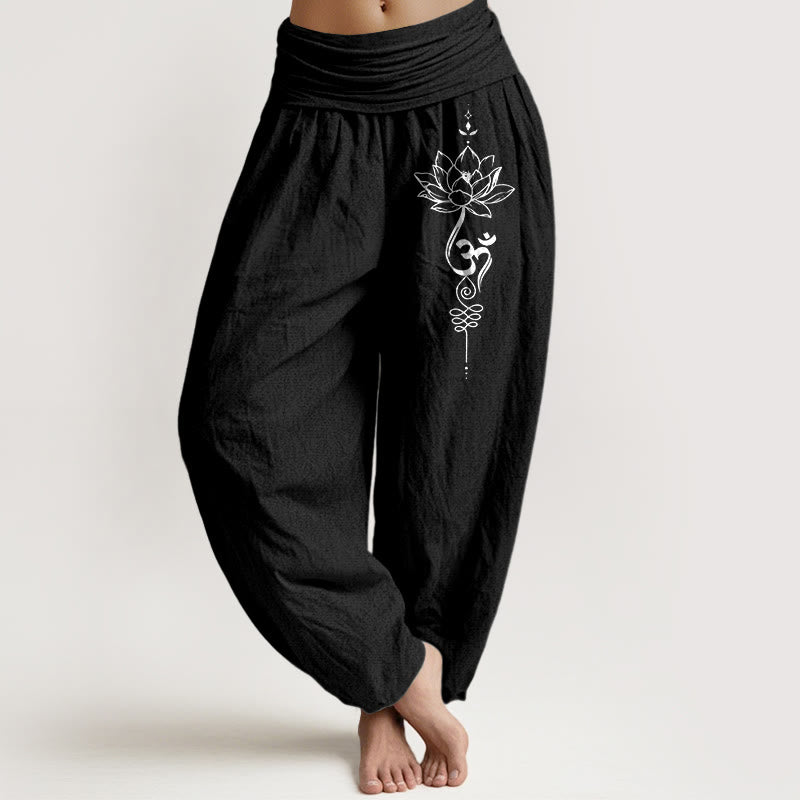 Pantaloni harem da donna con elastico in vita, in puro cotone, stile minimalista, motivo con simbolo del loto Om, motivo Buddha Stones - Nero - US16, UK/AU20, EU48 (3XL) - image 0