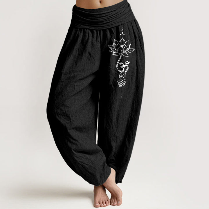 Pantaloni harem da donna con elastico in vita, in puro cotone, stile minimalista, motivo con simbolo del loto Om, motivo Buddha Stones - Nero - US16, UK/AU20, EU48 (3XL) - image 0