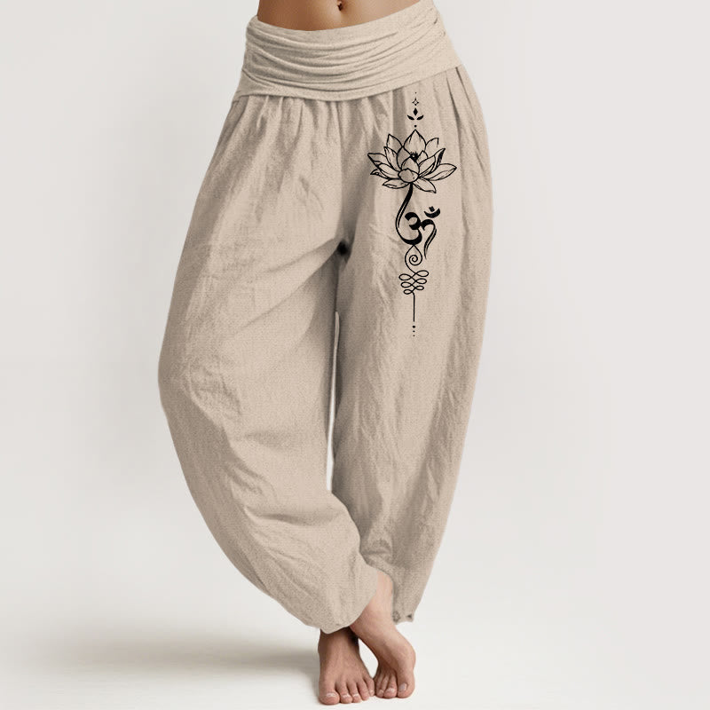 Pantaloni harem da donna con elastico in vita, in puro cotone, stile minimalista, motivo con simbolo del loto Om, motivo Buddha Stones - Abbronzatura - US16, UK/AU20, EU48 (3XL) - image 11