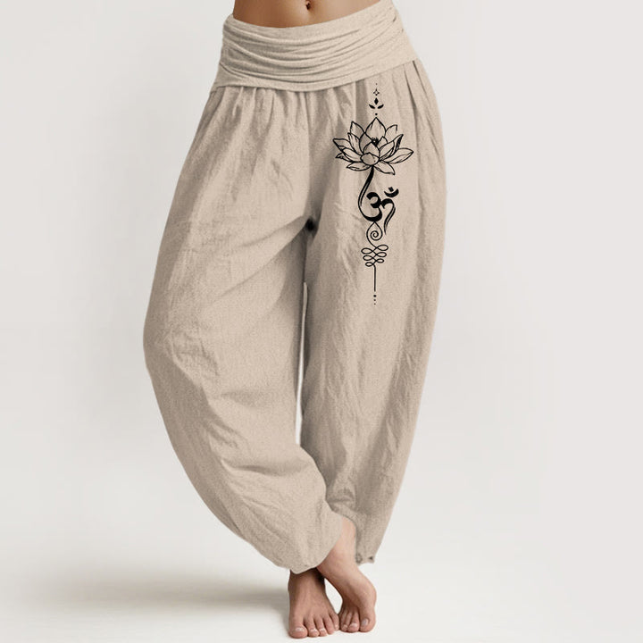 Pantaloni harem da donna con elastico in vita, in puro cotone, stile minimalista, motivo con simbolo del loto Om, motivo Buddha Stones - Abbronzatura - US16, UK/AU20, EU48 (3XL) - image 11