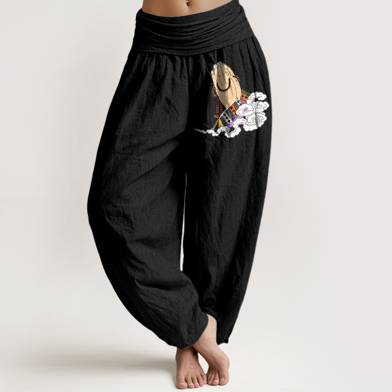 Pantaloni harem da donna con elastico in vita, modello nuvole, semplici, vivaci, con mani giunte e Buddha Stones in puro cotone - Nero - US16, UK/AU20, EU48 (3XL) - image 0