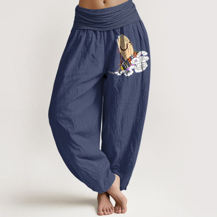 Pantaloni harem da donna con elastico in vita, modello nuvole, semplici, vivaci, con mani giunte e Buddha Stones in puro cotone - DarkSlateBlue - US16, UK/AU20, EU48 (3XL) - image 5
