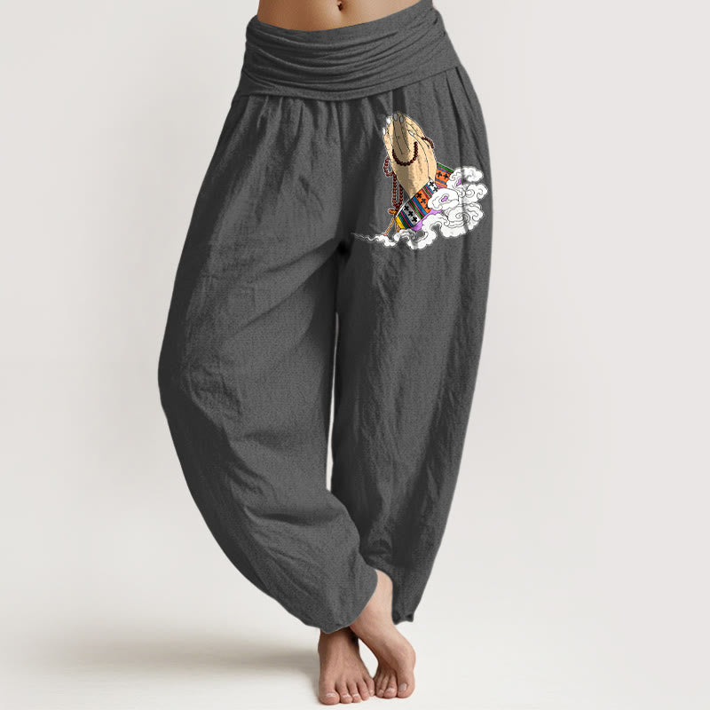 Pantaloni harem da donna con elastico in vita, modello nuvole, semplici, vivaci, con mani giunte e Buddha Stones in puro cotone - Grigio scuro - US16, UK/AU20, EU48 (3XL) - image 8