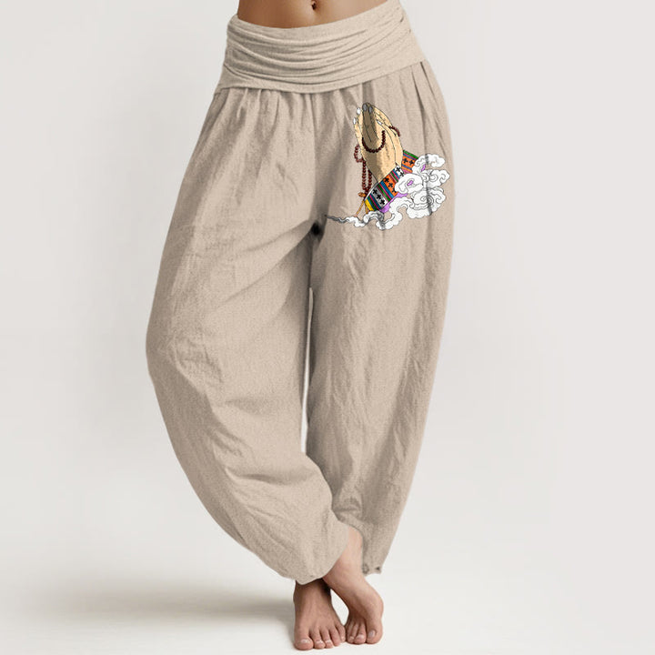 Pantaloni harem da donna con elastico in vita, modello nuvole, semplici, vivaci, con mani giunte e Buddha Stones in puro cotone - Abbronzatura - US16, UK/AU20, EU48 (3XL) - image 11