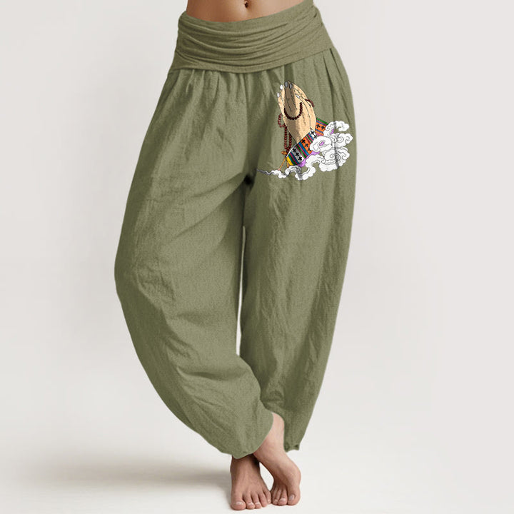 Pantaloni harem da donna con elastico in vita, modello nuvole, semplici, vivaci, con mani giunte e Buddha Stones in puro cotone - Verde oliva - US16, UK/AU20, EU48 (3XL) - image 14