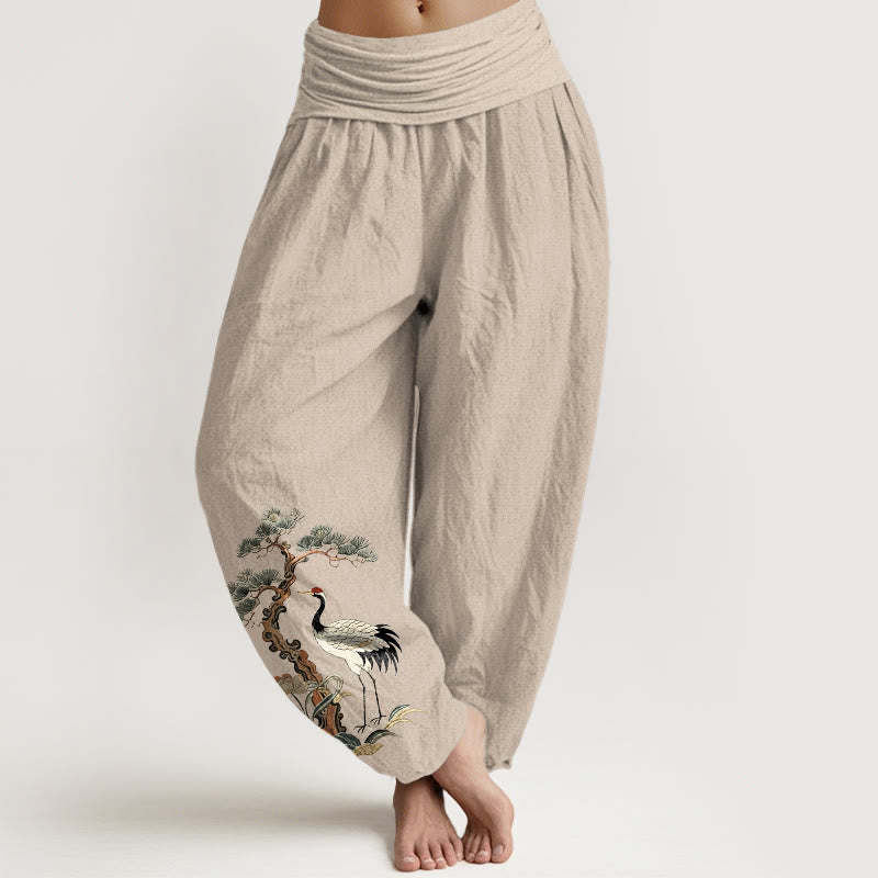 Pantaloni harem da donna con elastico in vita, motivo: Buddha Stones, in puro cotone, con gru, pino, fiori e erba - Abbronzatura - US16, UK/AU20, EU48 (3XL) - image 0