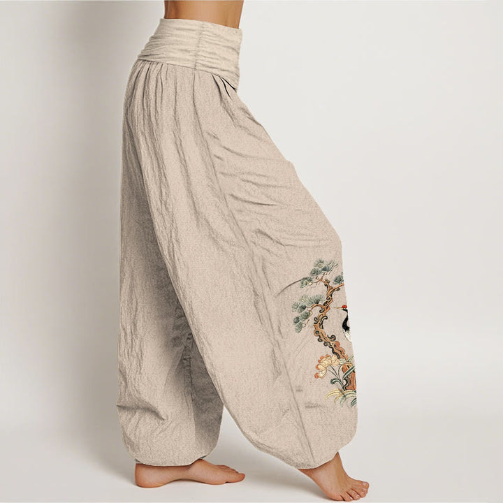 Pantaloni harem da donna con elastico in vita, motivo: Buddha Stones, in puro cotone, con gru, pino, fiori e erba - image 2