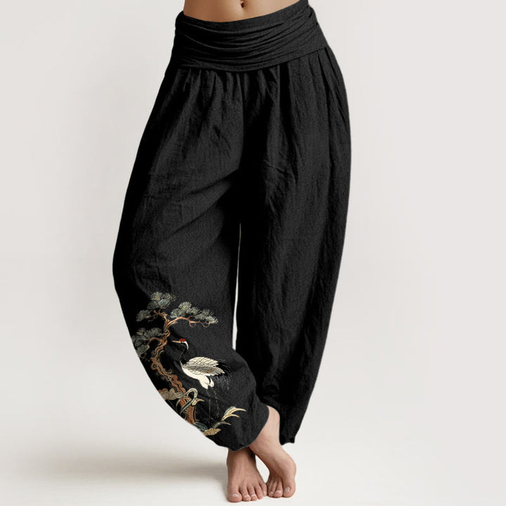 Pantaloni harem da donna con elastico in vita, motivo: Buddha Stones, in puro cotone, con gru, pino, fiori e erba - Nero - US16, UK/AU20, EU48 (3XL) - image 5