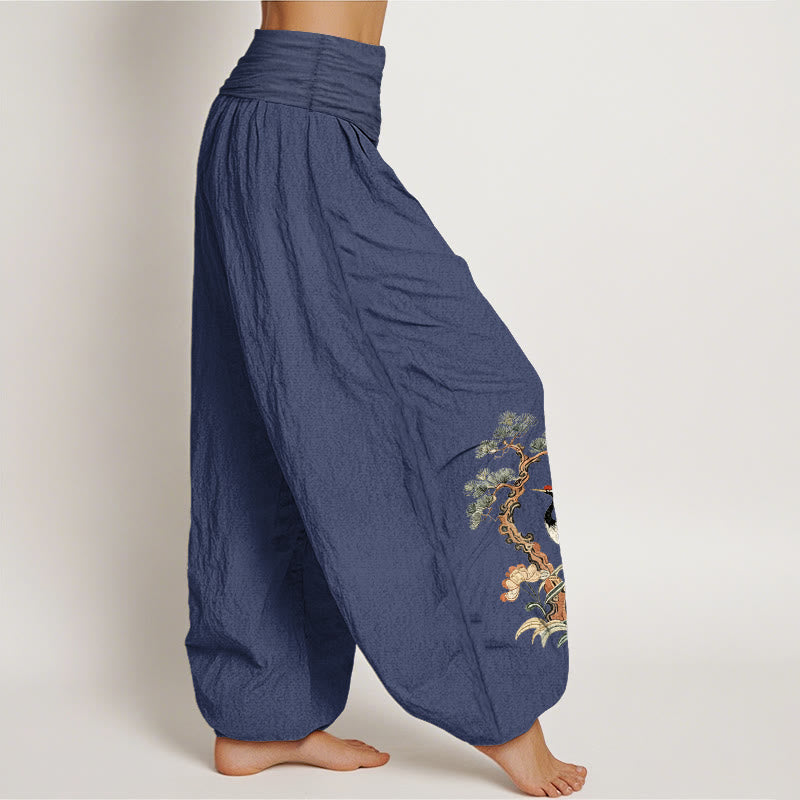 Pantaloni harem da donna con elastico in vita, motivo: Buddha Stones, in puro cotone, con gru, pino, fiori e erba - image 10
