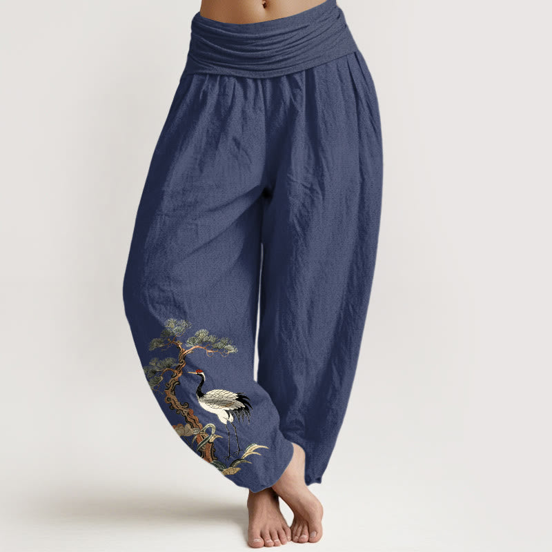 Pantaloni harem da donna con elastico in vita, motivo: Buddha Stones, in puro cotone, con gru, pino, fiori e erba - DarkSlateBlue - US16, UK/AU20, EU48 (3XL) - image 8