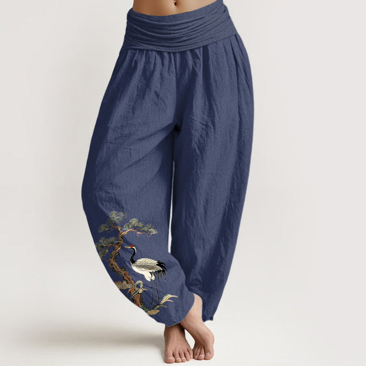 Pantaloni harem da donna con elastico in vita, motivo: Buddha Stones, in puro cotone, con gru, pino, fiori e erba - DarkSlateBlue - US16, UK/AU20, EU48 (3XL) - image 8