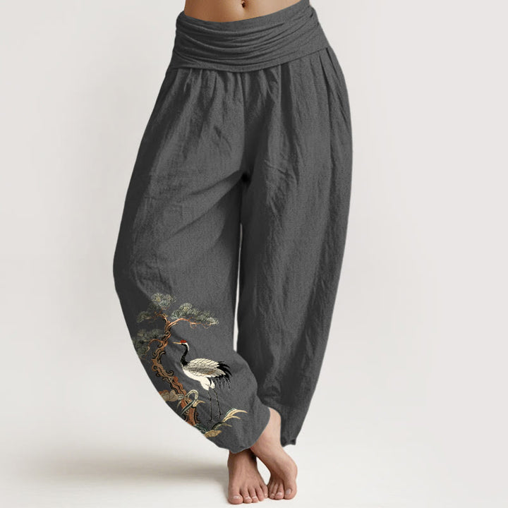 Pantaloni harem da donna con elastico in vita, motivo: Buddha Stones, in puro cotone, con gru, pino, fiori e erba - Grigio scuro - US16, UK/AU20, EU48 (3XL) - image 11