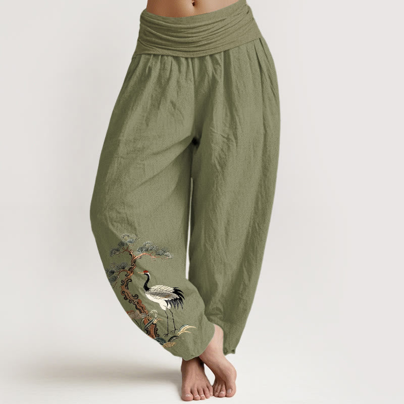 Pantaloni harem da donna con elastico in vita, motivo: Buddha Stones, in puro cotone, con gru, pino, fiori e erba - Verde oliva - US16, UK/AU20, EU48 (3XL) - image 14