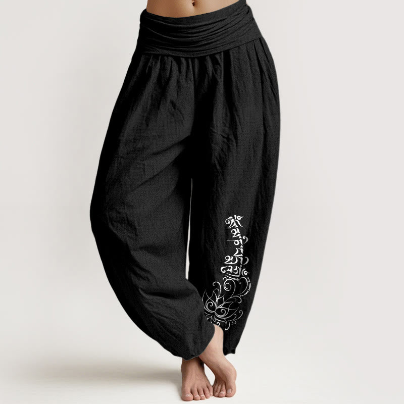 Pantaloni harem da donna con elastico in vita, in puro cotone, con motivo Om Mani Padme Hum Lotus, motivo Buddha Stones - Nero - US16, UK/AU20, EU48 (3XL) - image 0