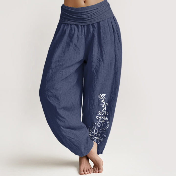 Pantaloni harem da donna con elastico in vita, in puro cotone, con motivo Om Mani Padme Hum Lotus, motivo Buddha Stones - DarkSlateBlue - US16, UK/AU20, EU48 (3XL) - image 5