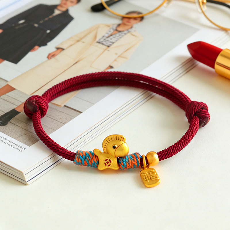 Braccialetto della fede con cordino intrecciato in argento sterling 999 con ciondolo a forma di personaggio Fu dell'anno del cavallo Buddha Stones - image 1